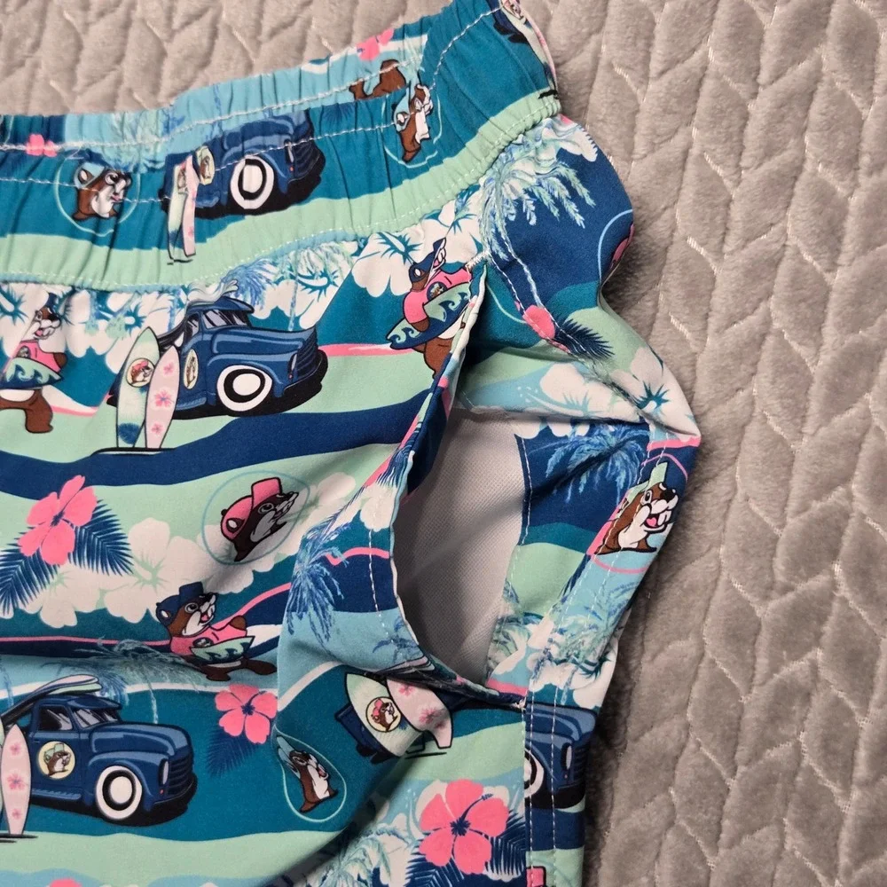 Buc-ee's Mens Blue Tropical Surfboard Beaver Swim Trunks Shorts 2X Woody Car